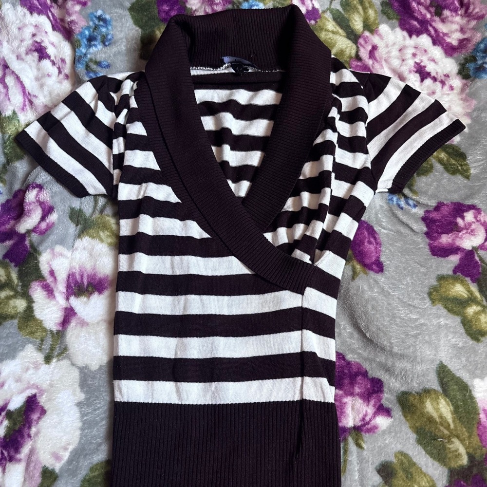 veg Brown White Striped Short Sleeve Shawl Collar Knit Top M